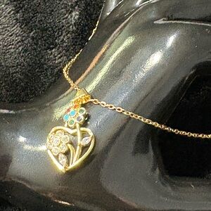 Gold Heart Pendant Necklace with Floral Accents Gems Stainless Steel